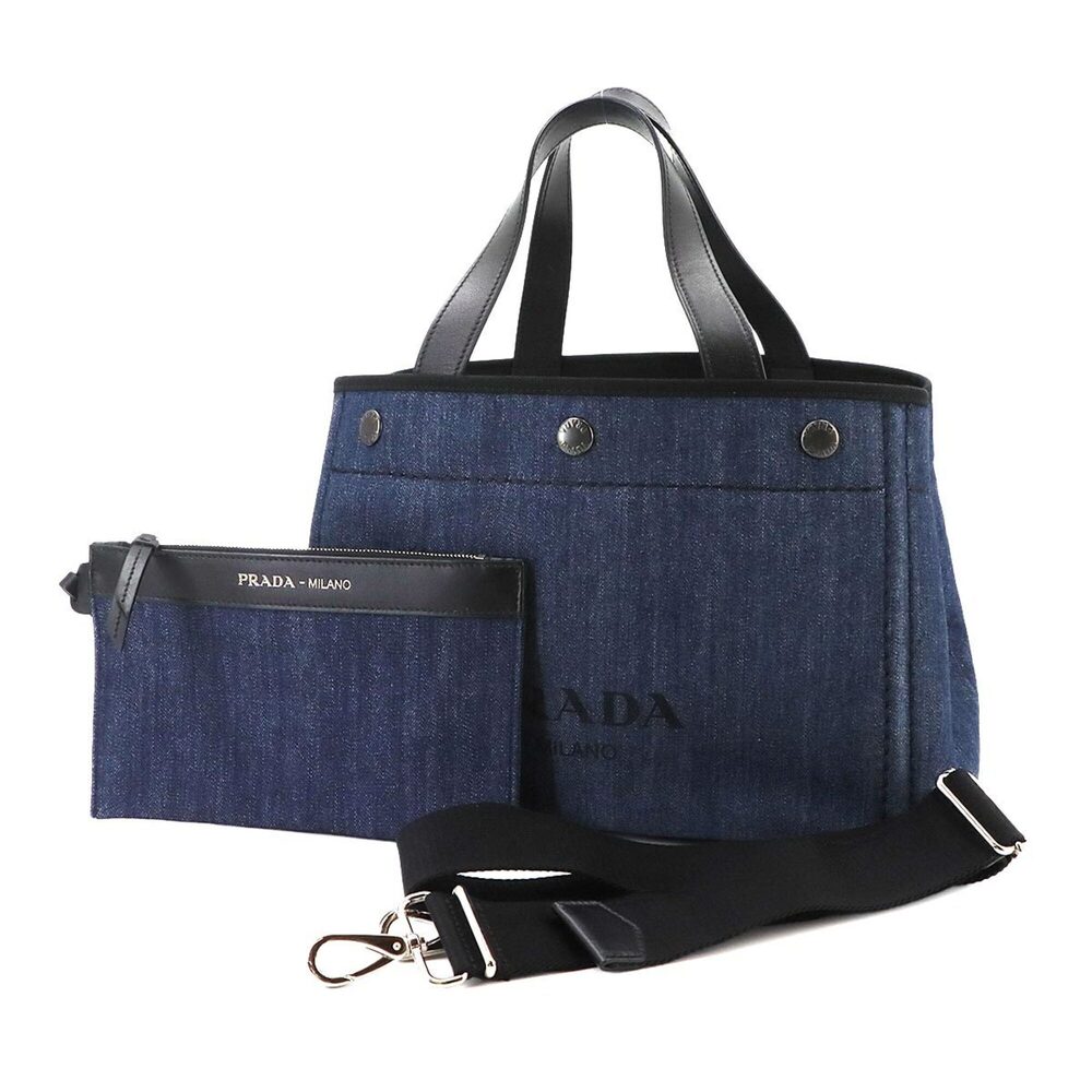 Prada 2-way Hand/Shoulder Handbag, Denim Leather, Blue/Black, 1BG311, Silver ...